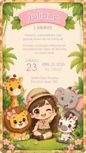 Convite de Aniversário Safari Menina Aquarela para Editar