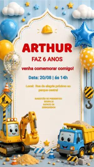 Convite de Aniversário Construção Editável para Menino