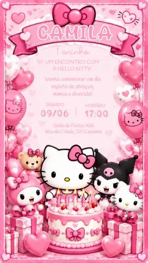Convite de Aniversário Hello Kitty Rosa para Editar