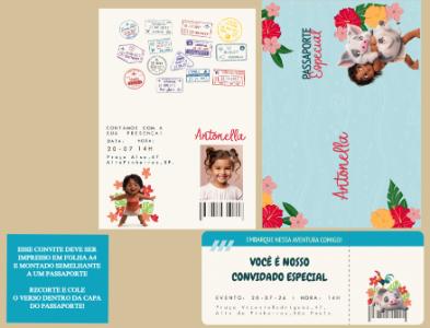 Convite de Aniversário Moana estilo Passaporte para Editar