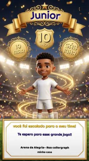 Convite de Aniversário Futebol Estádio Dourado Modelo Editável