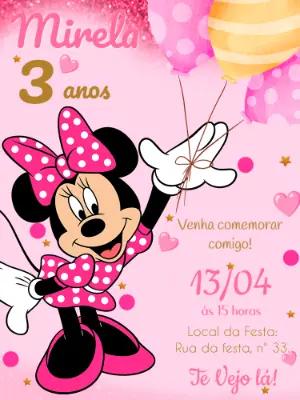 Convite de Aniversário Minnie Rosa Editável para Festa Infantil