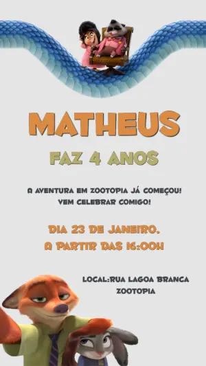 Convite de Aniversário Zootopia e Amigos para Editar