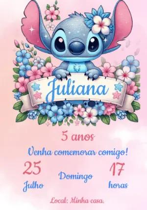 Convite de Aniversário Stitch Rosa com Flores para Editar