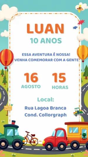 Convite de Aniversário Infantil Carrinhos para Editar Online