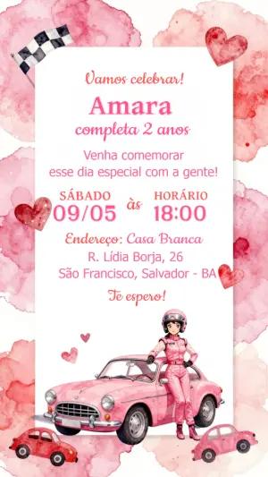 Convite Digital Aniversário Carros Rosa Aquarela para Editar