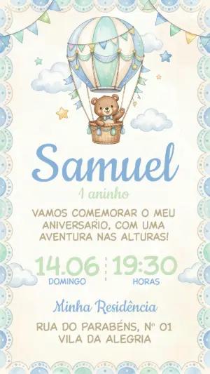 Convite de Aniversário Ursinho Baloeiro em Aquarela Editável