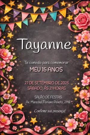 Convite de 15 Anos Editável com Estrelas Douradas e Flores