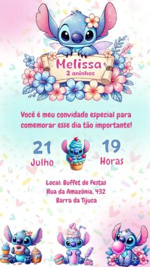 Convite de Aniversário Stitch Fofo Rosa e Azul Editável