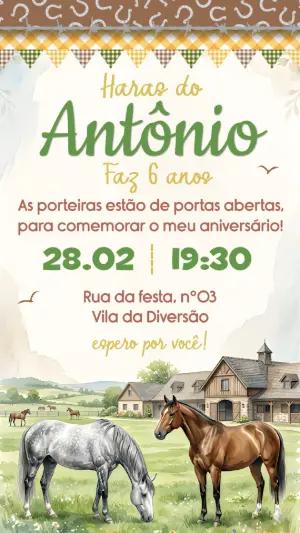 Convite de Aniversário Haras Menino com Cavalos Editável