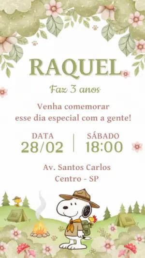 Convite Aniversário Snoopy Escoteiro Aquarela Editável