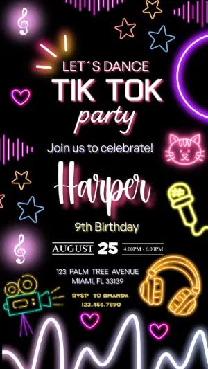 Editable Neon Tik Tok Dance Party Birthday Invitation Template