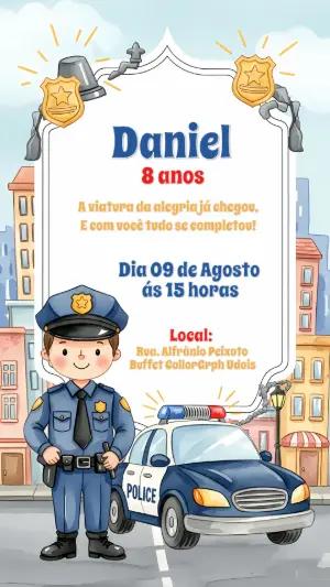 Convite de Aniversário Policial com Viatura para Editar Online