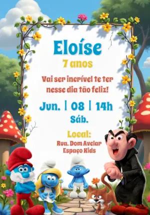 Convite de Aniversário Smurfs com Personagens para Editar