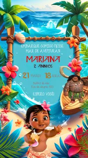Convite Digital Moana Baby Aniversário Tropical Editável