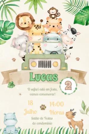 Convite Editável Aniversário Infantil Tema Safari Aquarela