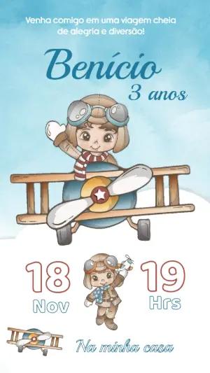 Convite de Aniversário Infantil tema Aviador para Editar Online