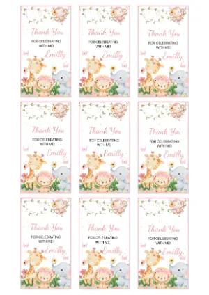 Pink Safari Girl's Birthday Thank You Tag Editable Template