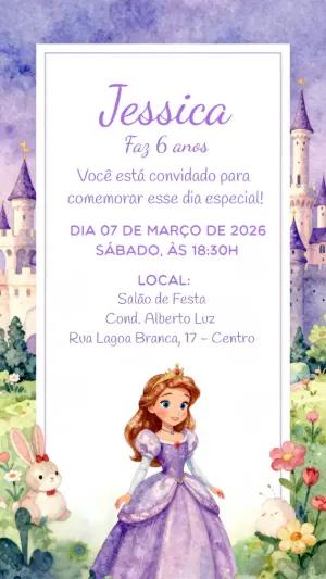Convite de Aniversário Princesa Lilás Aquarela para Editar