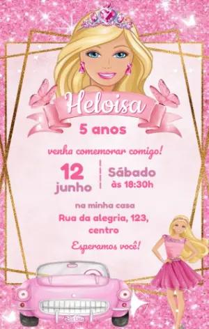 Convite de Aniversário Barbie Princesa Rosa com Glitter Editável