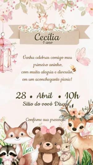 Convite de Aniversário Bosque Encantado Aquarela Editável