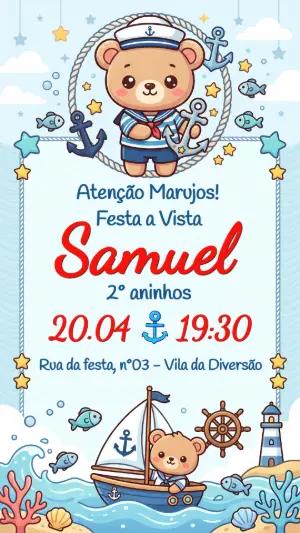 Convite de Aniversário Ursinho Marinheiro Fofo para Editar
