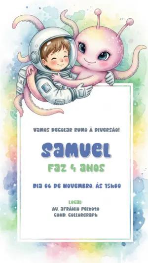 Convite Aniversário Astronauta e Alien para Editar Online