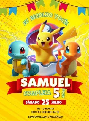 Convite de Aniversário Pokémon com Personagens para Editar Online