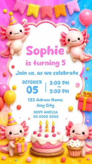 Cute Axolotl Birthday Party Invitation | Editable Template