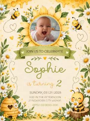Sweet Bee Birthday Invitation Editable Template