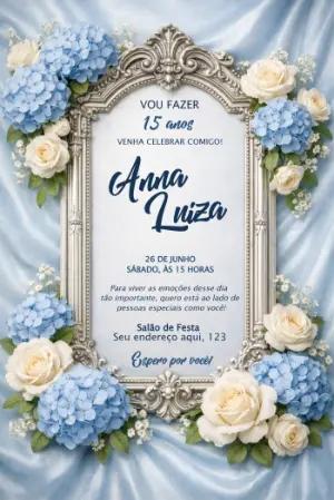 Convite 15 anos elegante floral azul e branco para editar