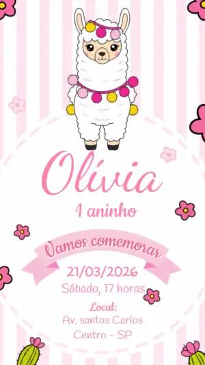 Convite Digital Aniversário Infantil Lhama Rosa Editável