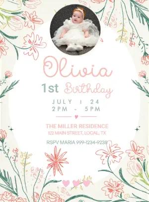 Editable Floral First Birthday Invitation Template