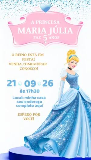 Convite de Aniversário Cinderela Modelo Digital para Editar