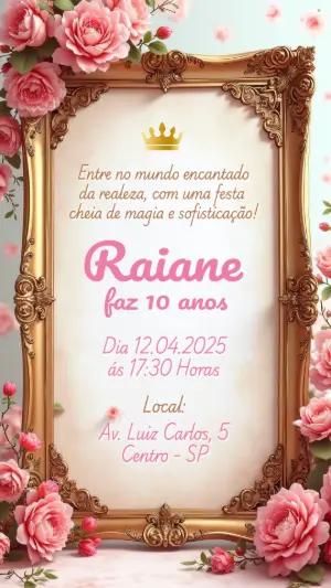 Convite Aniversário Princesa com Rosas para Editar Online