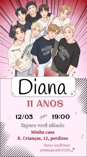 Convite de Aniversário Stray Kids Estilo Mangá Editável