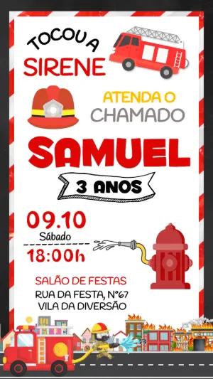 Convite de Aniversário Infantil Tema Bombeiro Editável