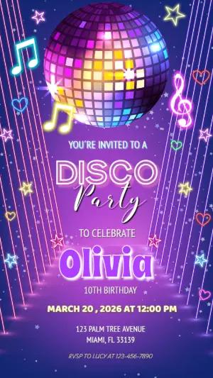 Neon Glow Disco Birthday Party Invitation | Digital Template