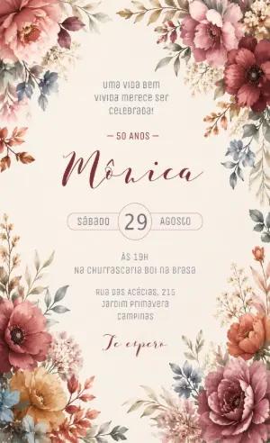 Convite de Aniversário Feminino Floral Elegante para Editar