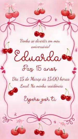 Convite de Aniversário Editável com Tema de Cereja Rosa