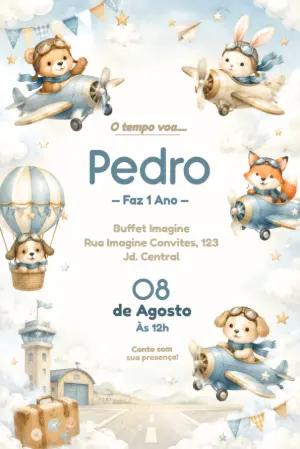 Convite de Aniversário Aviador com Animais Fofos para Editar