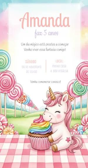 Convite de Aniversário Unicórnio Doce para Editar Online