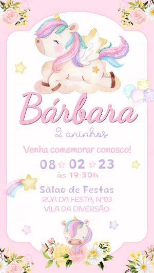 Convite de Aniversário Unicórnio Fofo Aquarela para Editar