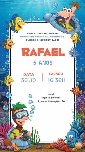 Convite Aniversário Phineas e Ferb Fundo do Mar para Editar