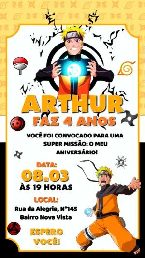 Convite Digital Tema Naruto para Aniversário Infantil Editável