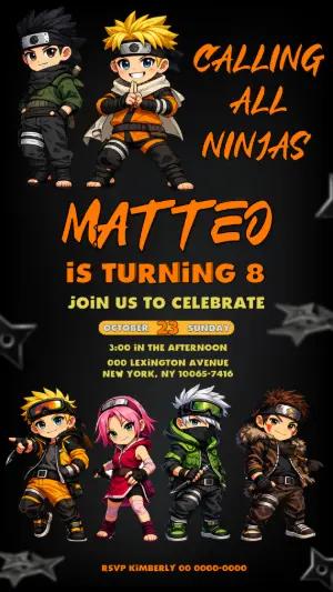 Chibi Ninja Naruto Birthday Party Invitation | Editable Template