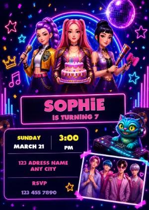 K-Pop Demon Hunter Neon Party Birthday Invitation Template