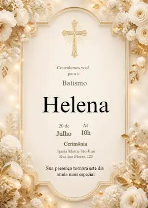 Convite de Batismo Floral Dourado Elegante para Editar