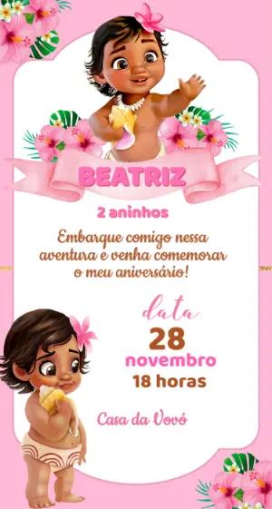 Convite de Aniversário Moana Baby Rosa para Editar