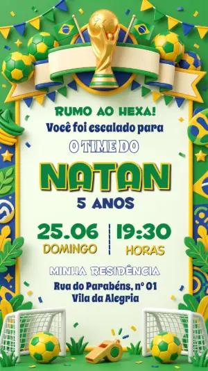 Convite de Aniversário Futebol Brasil Copa do Mundo Editável
